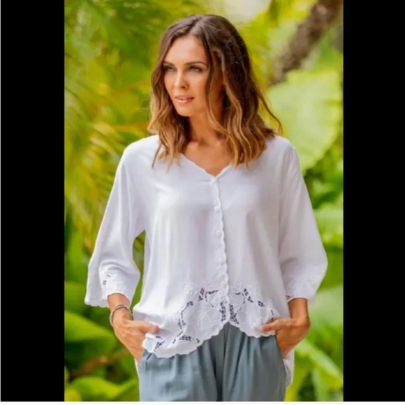 Soft Surrounding Sapphire Embroidered Trim Button Up Blouse Top - Picture 3 of 13